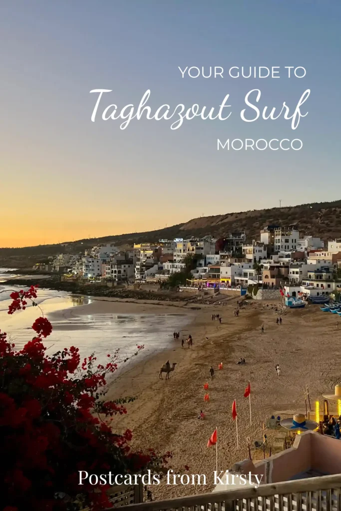 Pinterest Pin showing view over Taghazout at sunset. There's text over the top reading "Your Guide to Taghazout Surf Morocco" and "Postcards from Kirsty"