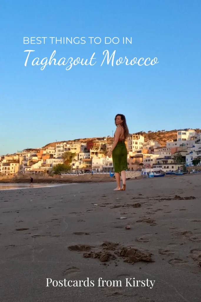 Pinterest Pin showing girl walking along Taghazout beach at sunrise. There's text over the top reading "Best things to do in Taghazout Morocco" and "Postcards from Kirsty"