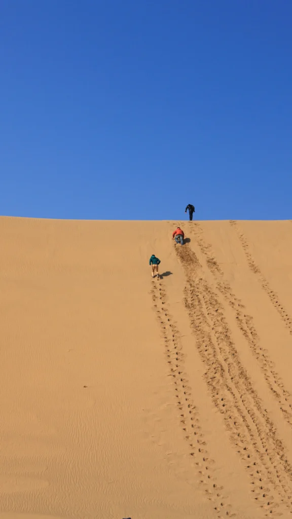 Three people climbing up a sand dune to go sandboarding.