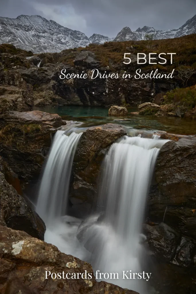 Pinterest Pin showing moody Fairy Pools in Isle of Skye with text overlay saying "5 Best Scotland Road Trips" and "Postcards From Kirsty"